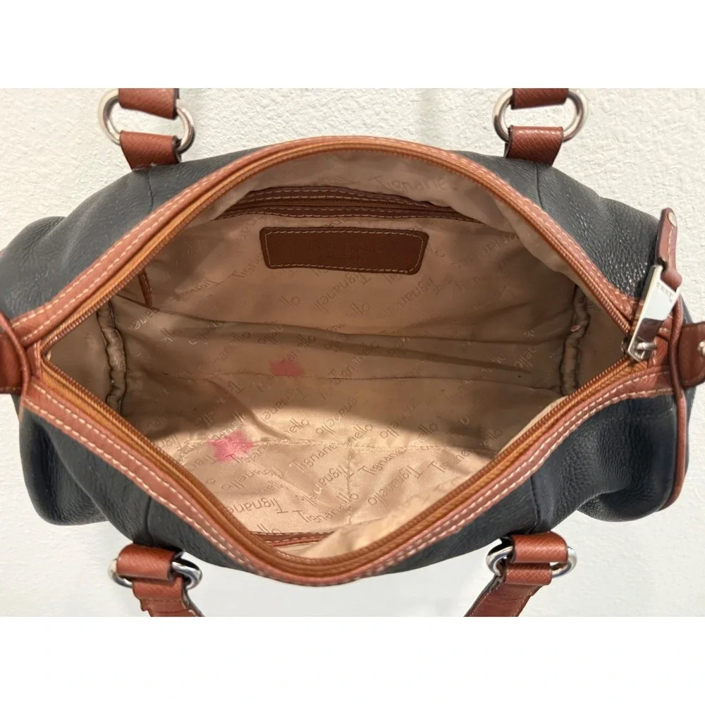 VTG Tignanello Leather BLACK & BROWN Color Block Shoulder Barrel Bag Purse